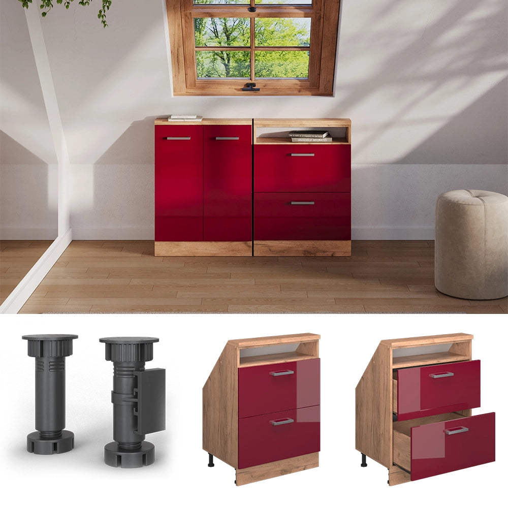 Mobile sottotetto Rion Rosso lucido/Rovere dorato con 2 cassetti Vicco