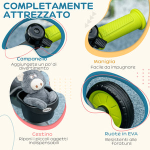 Triciclo per Bambini 70,5x50x58 cm con Seduta Regolabile e Campanello Nero