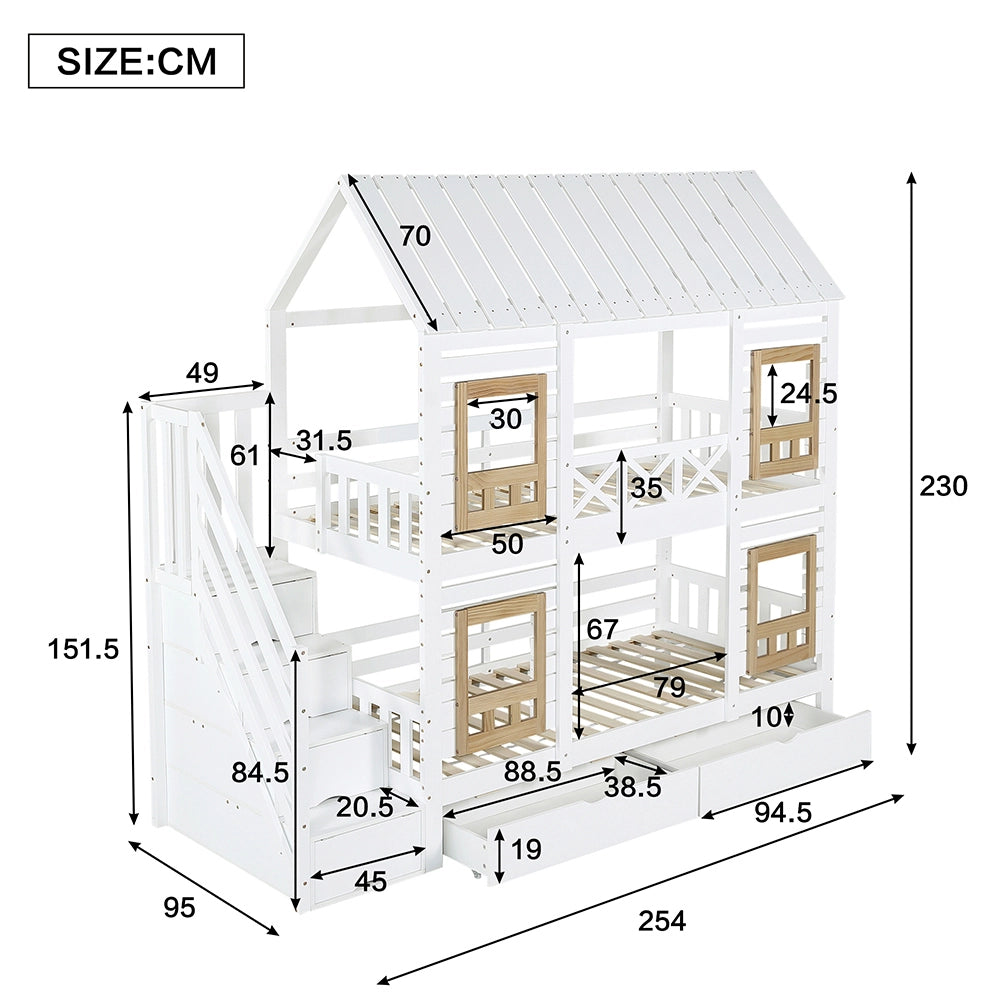 Letto a castello sicurezza - Xylo - 90x200cm bianco/naturale, 2 cassetti