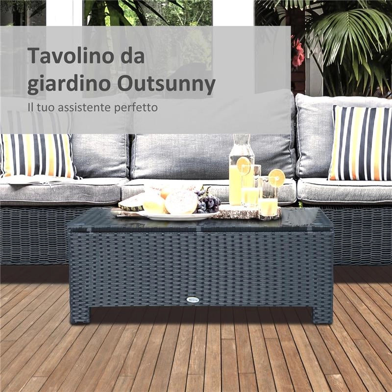 TAVOLINO DA ESTERNI IN RATTAN PE CON PIANO IN VETRO TEMPERATO, 85X50X39CM, NERO