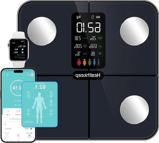 Ponderosimetro - Bilanciere digitale per il peso corporeo e la massa muscolare con 15 dati corporei, monitor di frequenza cardiaca con grande schermo a alta risoluzione e app per iOS e Android