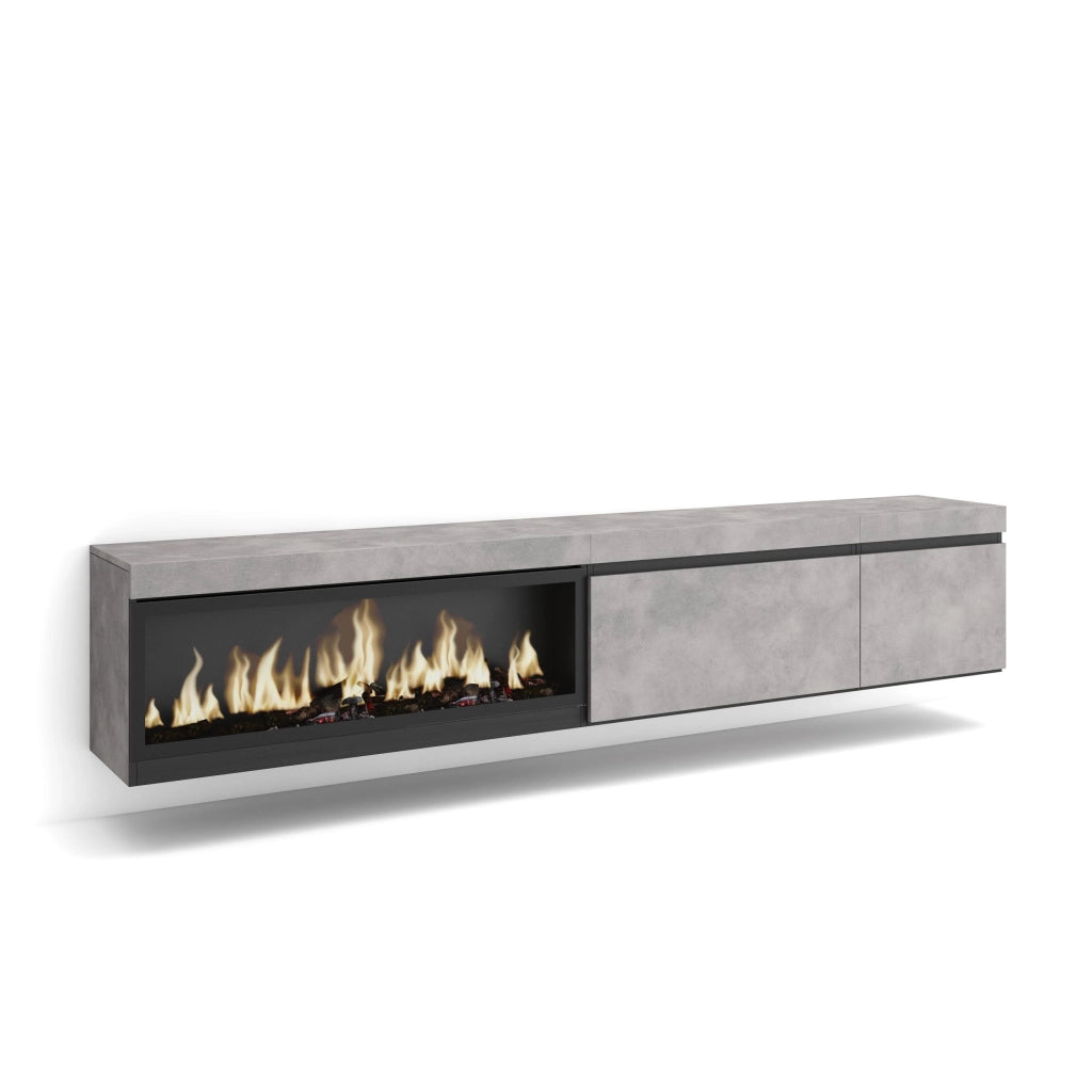 Mobile TV Soggiorno, 237x35x45cm, TV di grande formato, Camino elettrico XXL, da appendere, grigio cemento RF3587