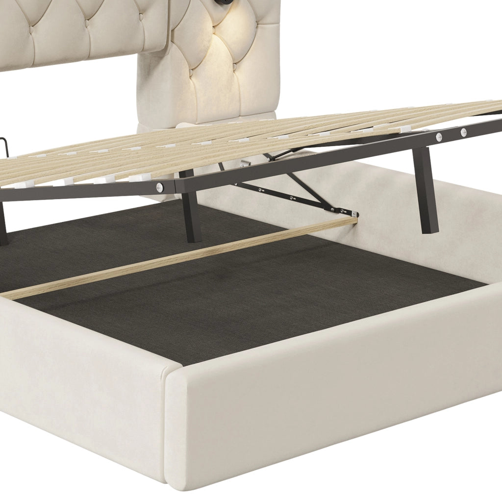 Letto contenitore 160 × 200 cm 2 posti con luce da lettura, USB, vano idraulico, senza materasso, beige