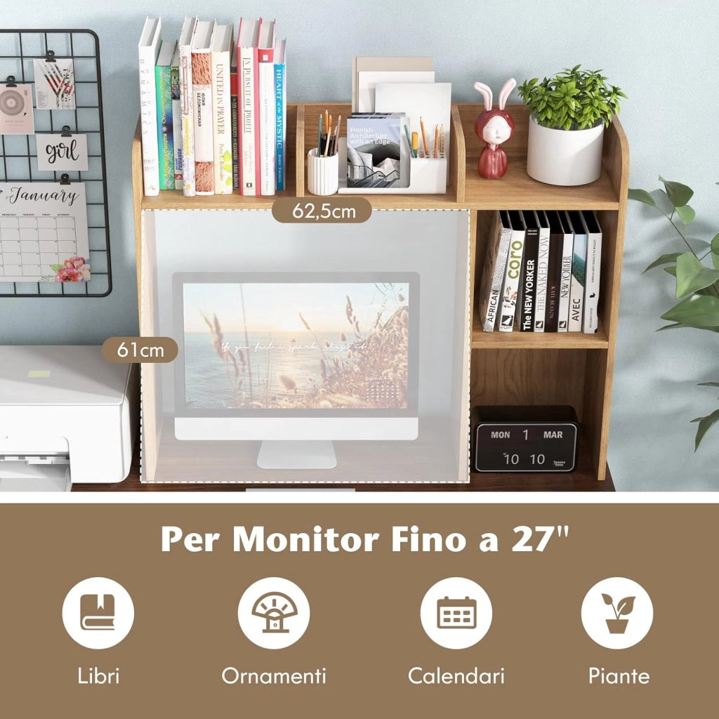 Scaffale da Scrivania in Legno, Libreria da Tavolo Salvaspazio con 4 Ripiani e Scomparto Aperto, Scaffale Espositivo per Computer, Casa Ufficio, 94x25x74 cm (Naturale)