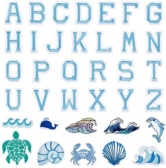 Punti di applicazione per la sartoria 36 pezzi - Tema marino - Punti di applicazione in acciaio/da cucire - Patch lettera blu - Patch animale marino - Applicazione ricamata - Attività DIY - Punti di applicazione ricamati