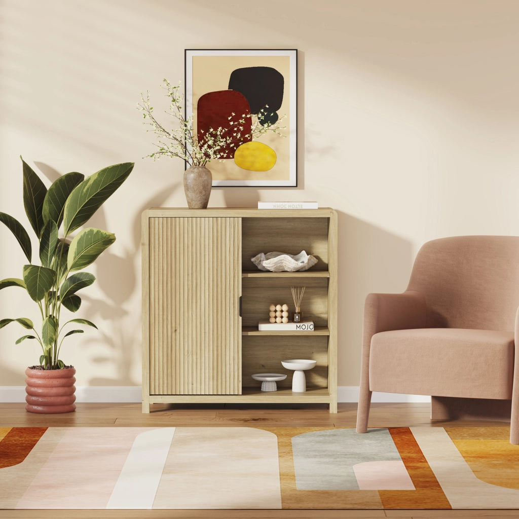 Credenza Lukkodso Comò con Anta e 3 Scomparti Aperti 82 x 75 x 30 cm - Effetto Rovere Medio Chiaro [en.casa]