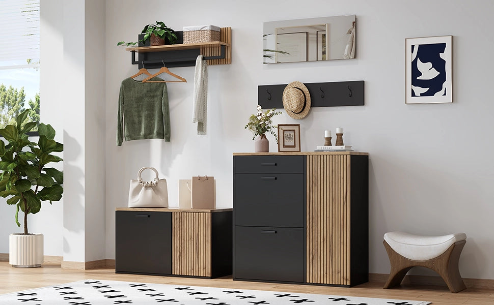 Set da ingresso 5 pezzi con specchio; 2 armadietti; 4 ganci e mensola; truciolato; nero e legno