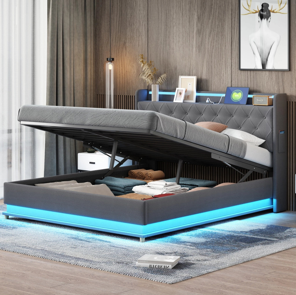 Letto imbottito LED 160x200 cm con USB e contenitore idraulico; tessuto grigio