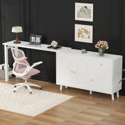 Scrivania girevole 360° con 3 ante e 1 cassetto funzione 2 in 1 per soggiorno e ufficio domestico in truciolare bianco