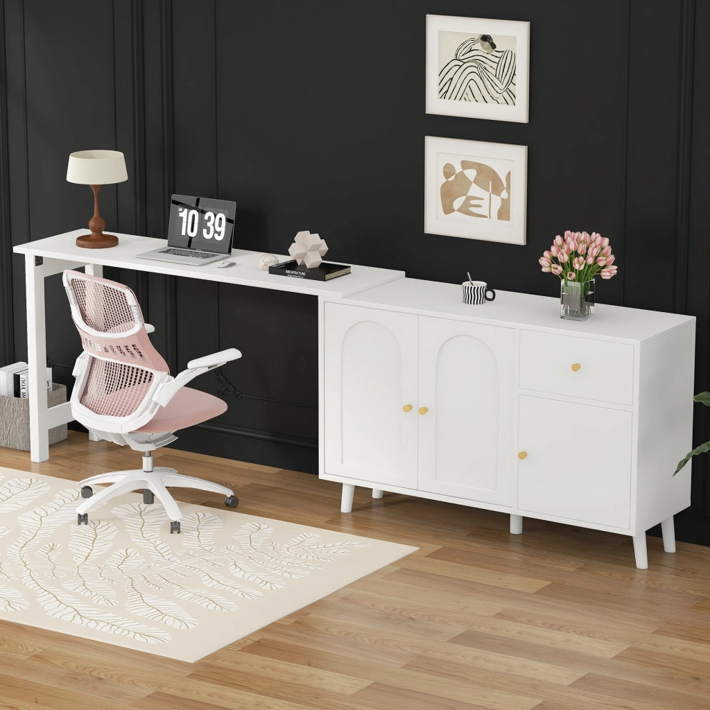 Scrivania girevole 360° con 3 ante e 1 cassetto funzione 2 in 1 per soggiorno e ufficio domestico in truciolare bianco