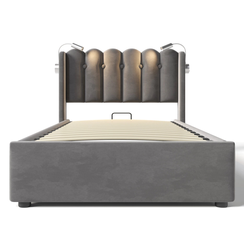 Letto singolo 90x200 cm con contenitore; luce da lettura e porta USB; velluto grigio