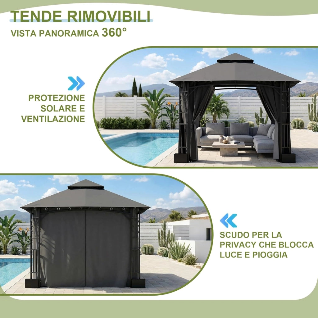 Gazebo Esterno Resistente 3.3x3.3 m con 4 Vasi per Fiori - Gazebo da Giardino in a Doppio Tetto Aerato, Struttura Fogliata, Tende Rimuovibili, Protezione UV & Impermeabile per Esterno