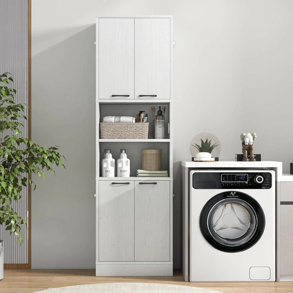 Credenza da Cucina Alto 190 cm, Mobile da Cucina con 4 Ante, 2 Scomparti Aperti, Madia Soggiorno Moderna, 3 Colori, 30x56x190 cm