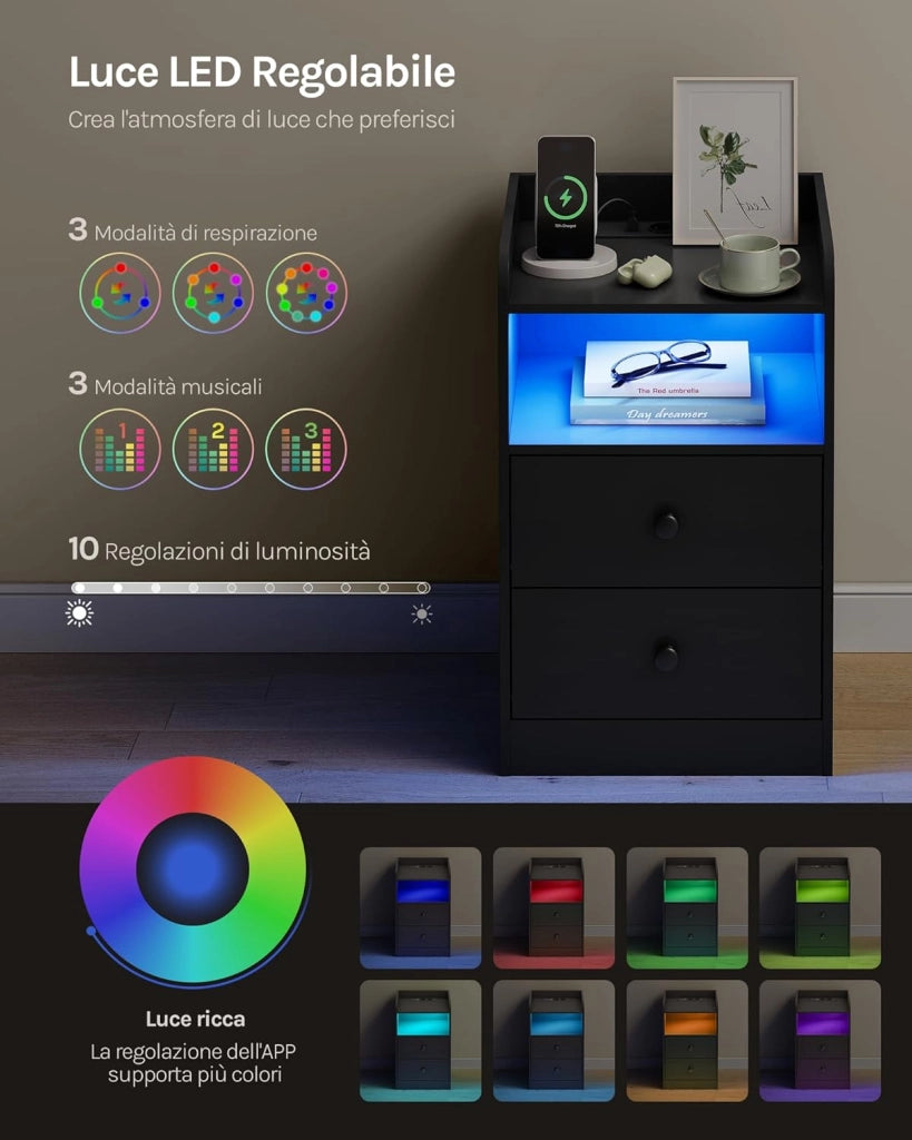Comodino per Camera da Letto, Comodino Nero con Prese, Porte USB e Luci a LED, Tavolino con 1 Piano, 1 Scomparto e 2 Cassetti, Tavolino da Divano in Legno, NTS07sz