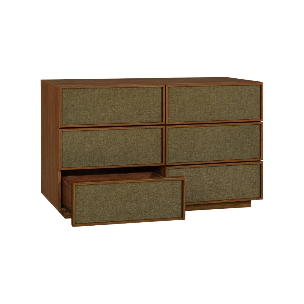 Cassettiera decorativa in legno e tessuto con 6 cassetti, noce