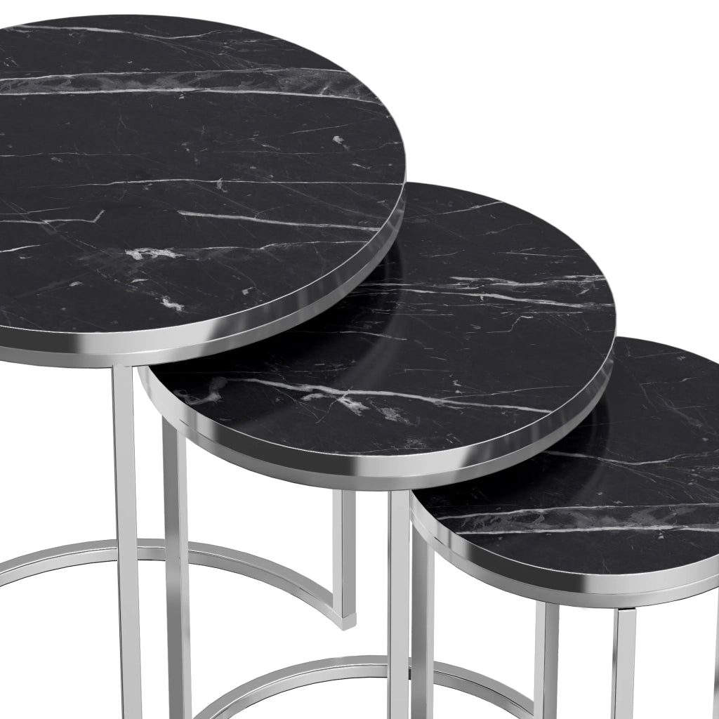 Set di 3 tavolini rotondi impilabili in marmo nero e argento 03_0008378
