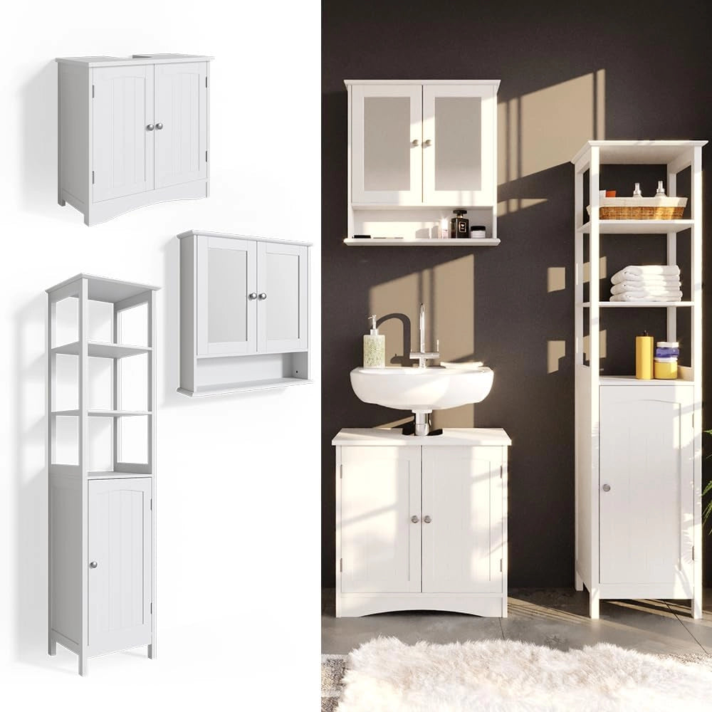 Set mobili bagno Bianco, Bianco, 60 cm, composto da mobile sottolavabo, specchiera e colonna alta