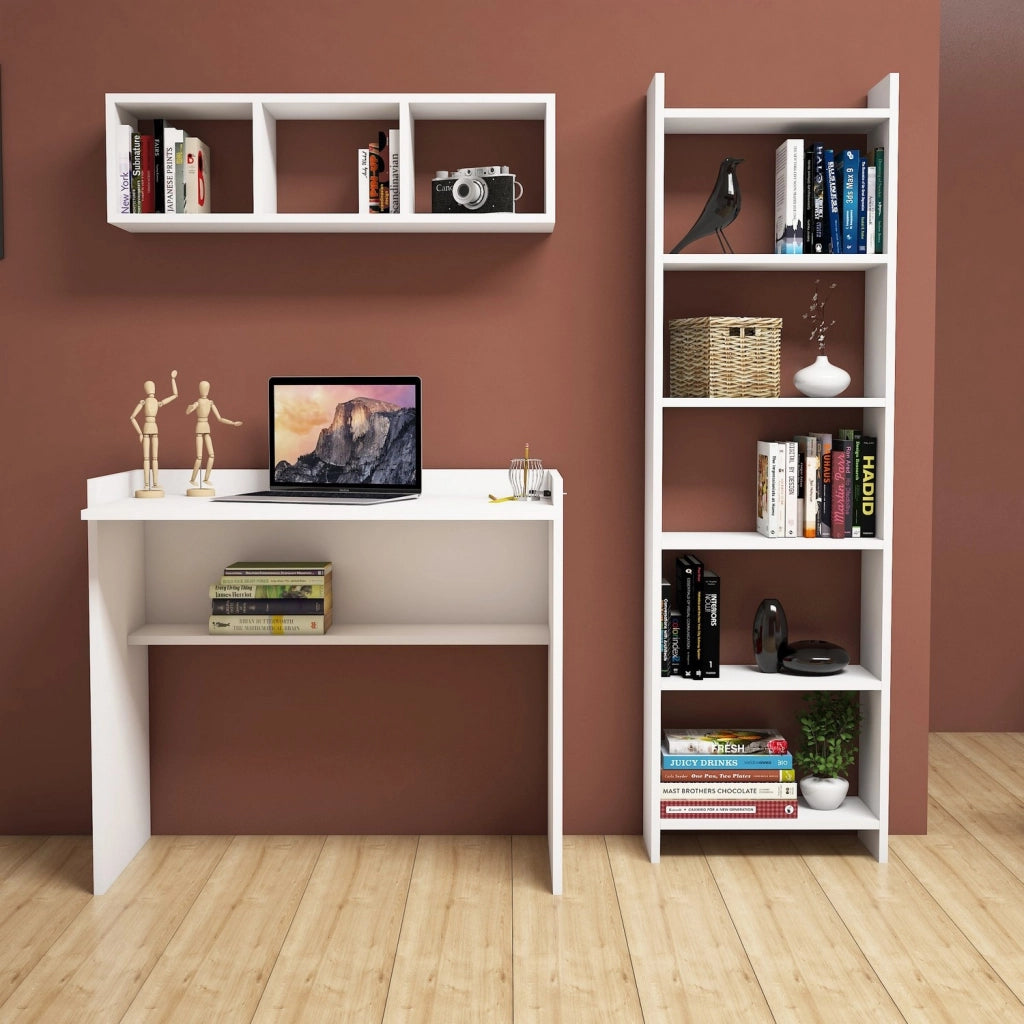 Scrivania in legno "Matilda" con libreria e mensola a muro - 90 x 58 x 80 cm - Bianco