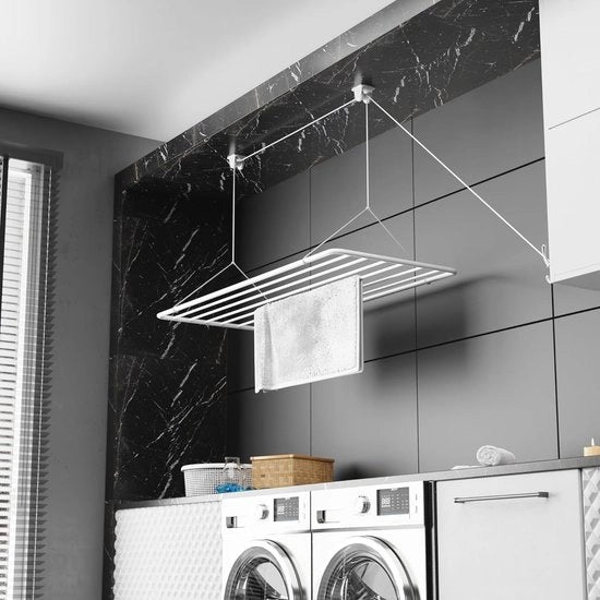 Asciugamano per soffitto 140x50cm 11,2m di superficie asciugatura 2,5m Asciugacapelli verticale mini pieghevole in metallo con rivestimento in plastica PVC-free Bianco Asciugacapelli da appendere