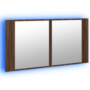 Mobiletto da bagno con specchio e illuminazione a LED 90 x 12 x 45 cm contenitore ergonomico design moderno legno di rovere ingegnerizzato marrone 02_0049289