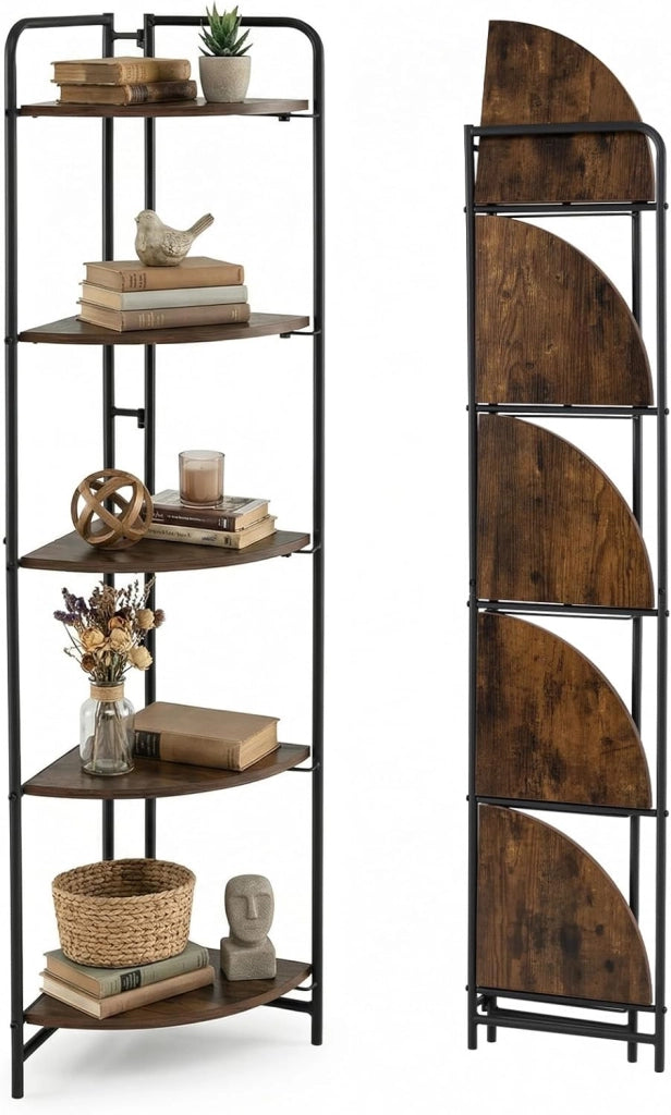 Libreria Angolare Pieghevole, Scaffale Stretto in Legno a 5 Ripiani, Organizer per Libri con Struttura Metallica, Design Industriale e Salvaspazio, per Casa Ufficio Studio, 34x34x151 cm