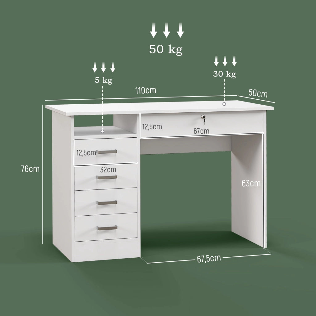 Scrivania moderna con 5 cassetti e ripiano ¨C Xylo ¨C Bianco 110x50x76cm