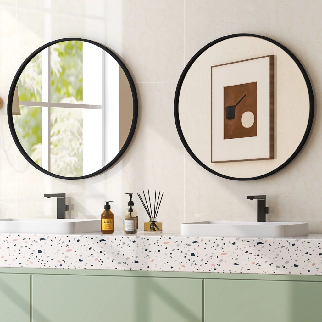 Specchio rotondo 61cm con cornice in metallo spazzolato opaco antiruggine, Specchio da parete decorativo-Specchi da parete