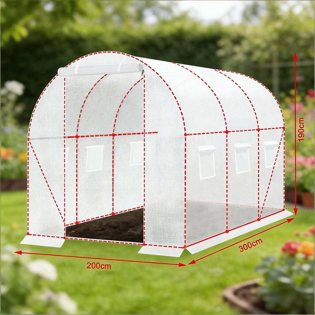 Serra a tunnel da giardino con porta a zip e 6 finestre laterali in acciaio zincato e rete PE bianco 300 × 200 × 190 cm