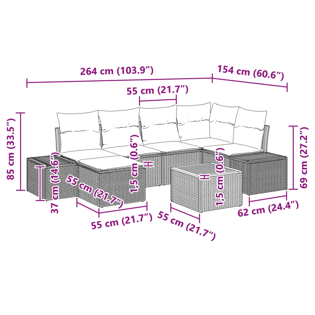 Set Divano Giardino da 7 Pezzi con Cuscini Nero Rattan Sintetico Acacia