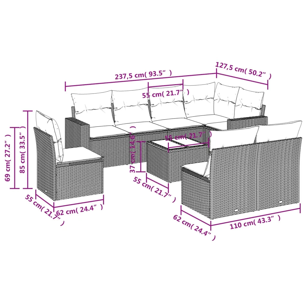 Set Divano da Giardino 9 pz con Cuscini Grigio in Polyrattan 3251417