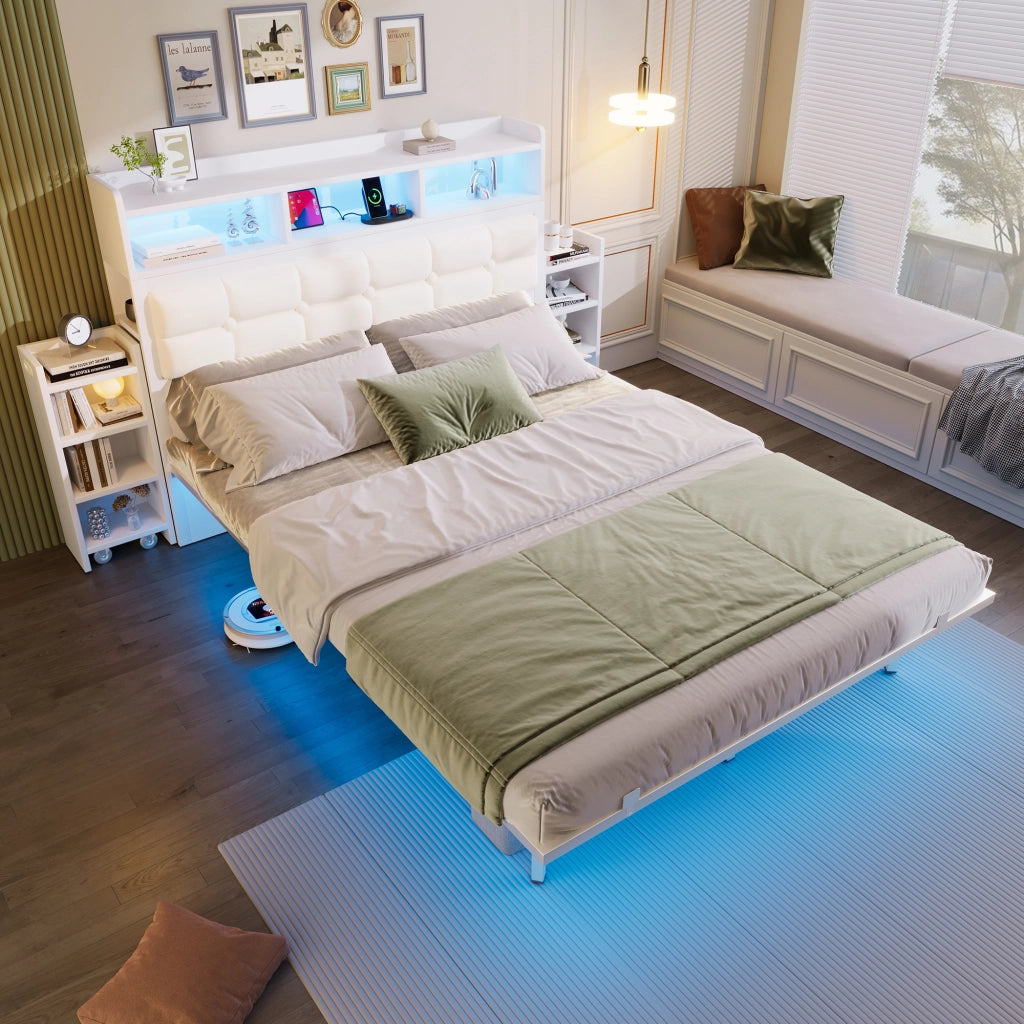 DESMIU Lit matrimoniale 140 × 190 cm con LED, USB, Type-C e 2 comodini, senza materasso, grigio
