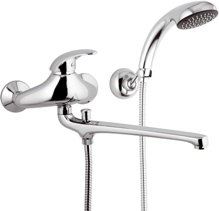 Rubinetto lavabo/vasca con bocca fusa lunga, deviatore e kit doccia - serie ten