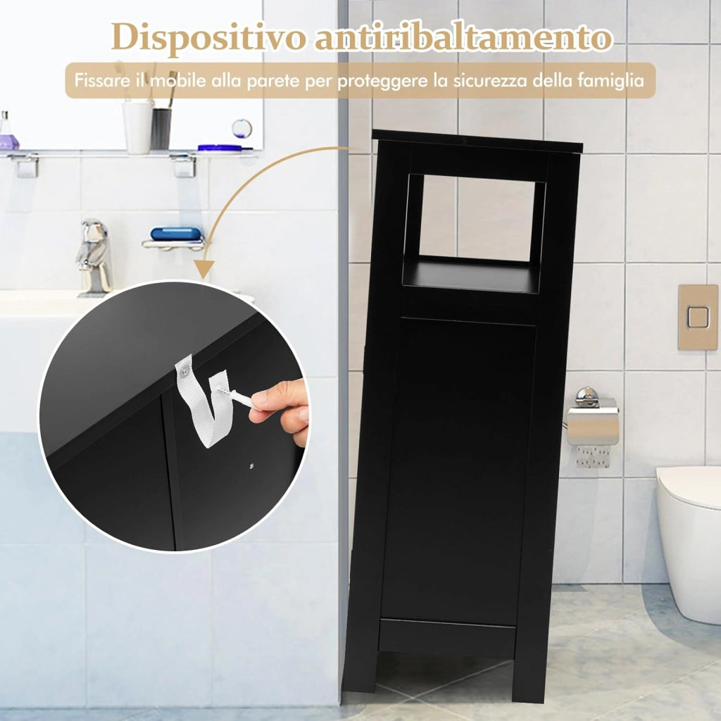 Armadietto da Bagno, Armadietto di Legno con Doppie Ante a Persiana e Mensola Regolabile, Mobile da Bagno Basso Salvaspazio per Ingresso e Camera da Letto, 60 x 30,5 x 80 cm (Nero)
