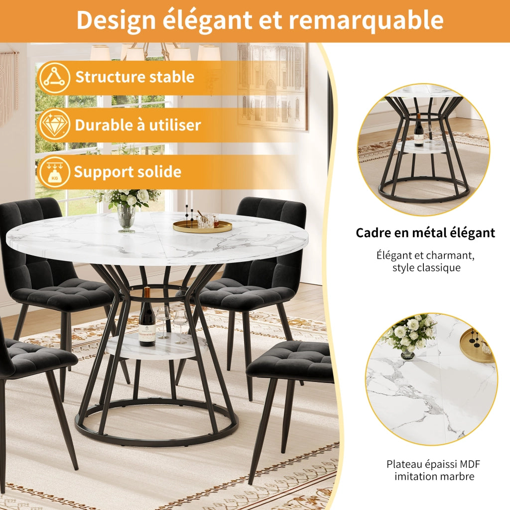 Tavolo da pranzo con 4 sedie in velluto, piano in MDF effetto marmo e base in metallo, nero, 100 × 100 × 76 cm