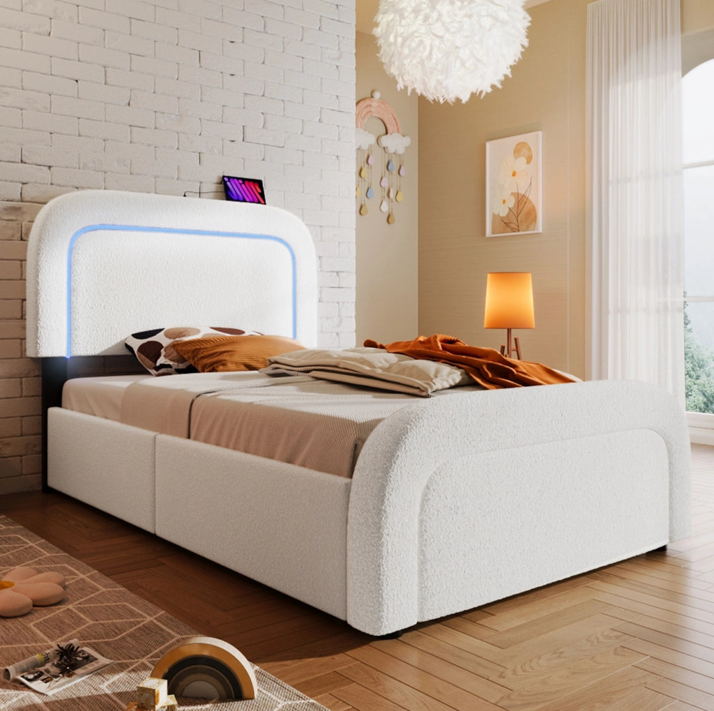Letto singolo imbottito 90x200 cm con LED, USB-C e 2 cassetti