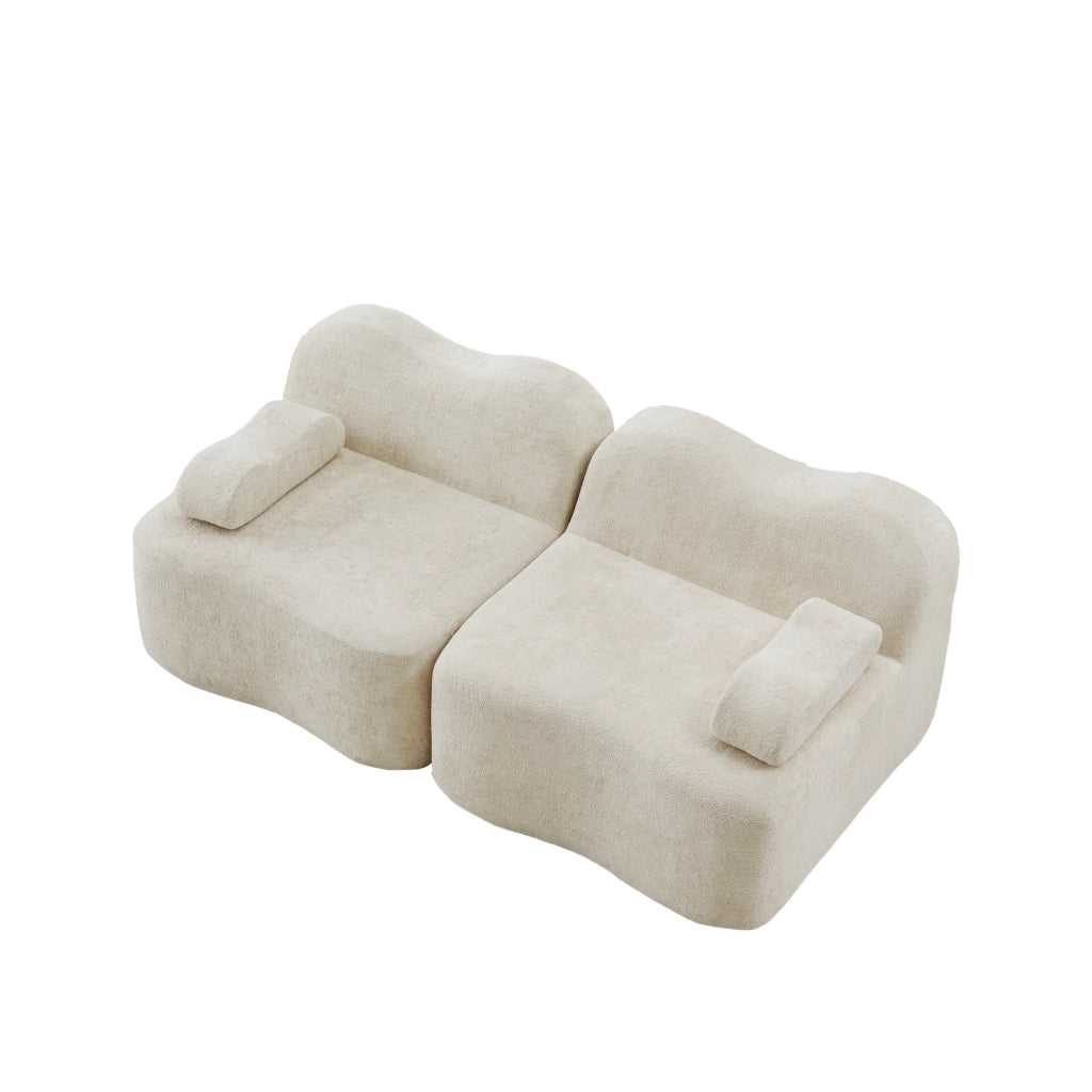 Divano modulare a 2 posti senza struttura, forma ondulata, velluto beige, pronto all’uso
