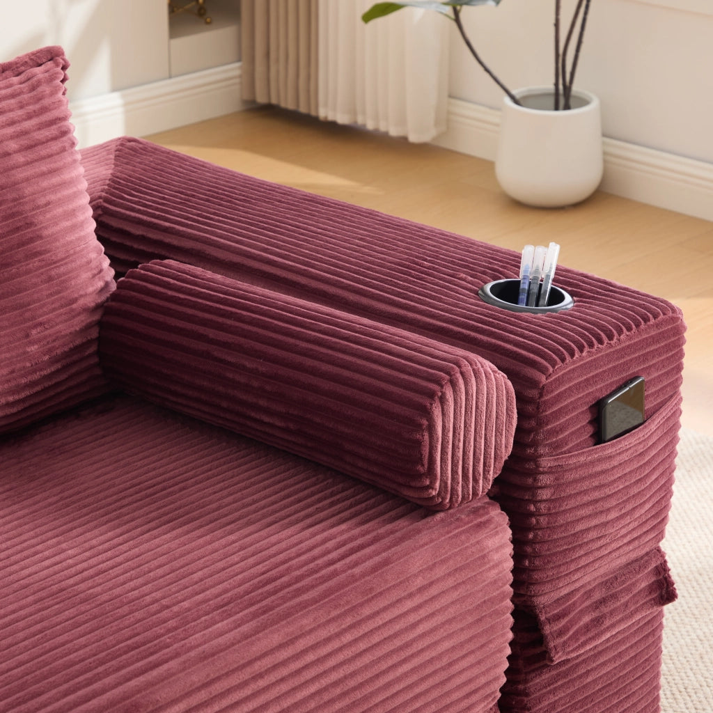 Divano letto in velluto a coste con cuscini memory, tasche laterali e portabicchieri, vino rosso 180 × 98 × 80 cm