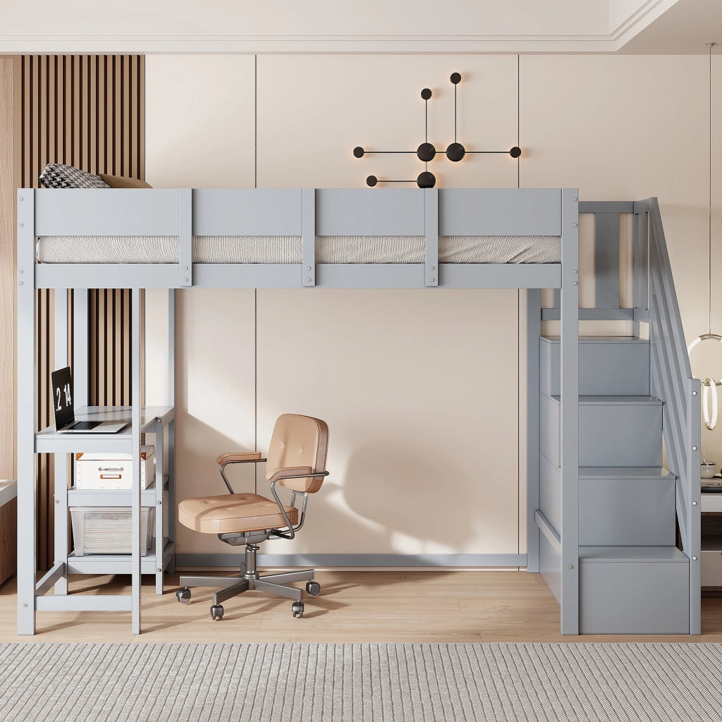 Letto a Soppalco Singolo con Scala Contenitore e Scaffale 90×200 cm; senza Materasso; in Legno; Grigio