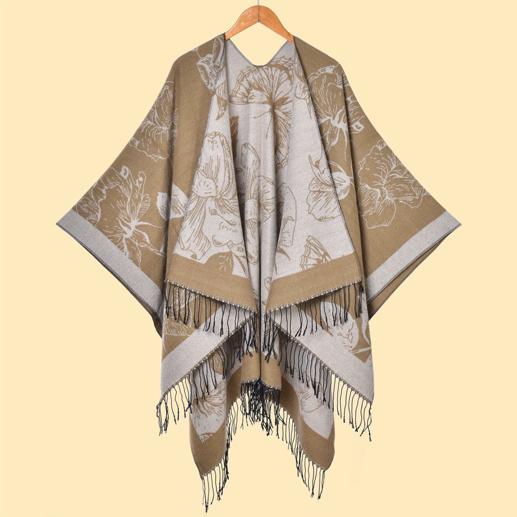 Elegante scialle caldo double-face con frange floreali e spacco laterale