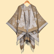 Elegante scialle caldo double-face con frange floreali e spacco laterale