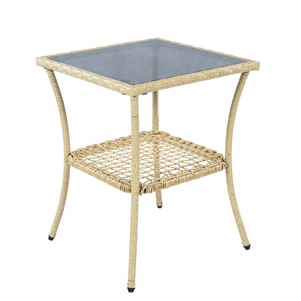 Salotto da Giardino con 2 Poltrone a Dondolo e 1 Tavolino in Vetro; per Balcone e Terrazza; Rattan; Tessuto Impermeabile e Metallo; Beige