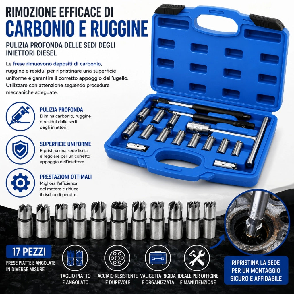 Set 17 Alesatori Frese Pulizia Sede Iniettori Diesel Auto Motore