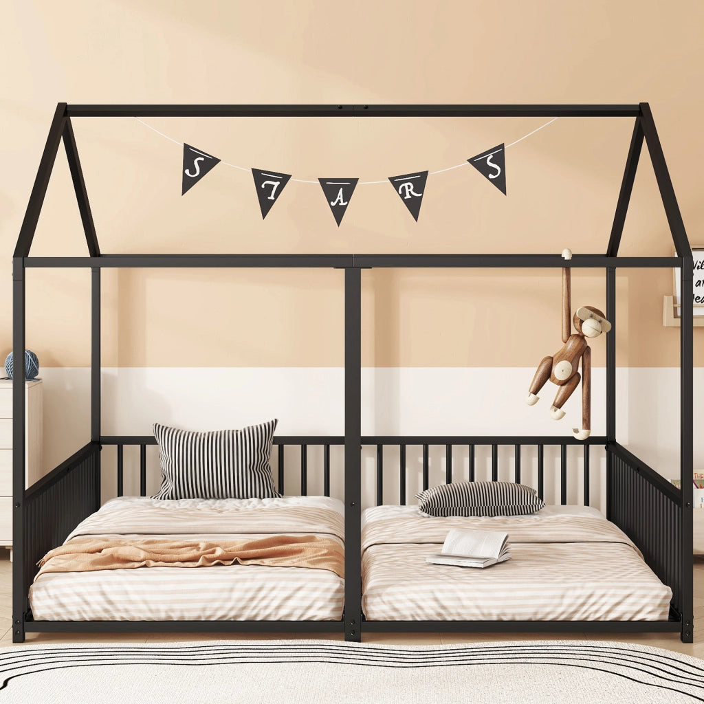 Letto a castello in metallo nero con parapetto e scala 90x200 cm