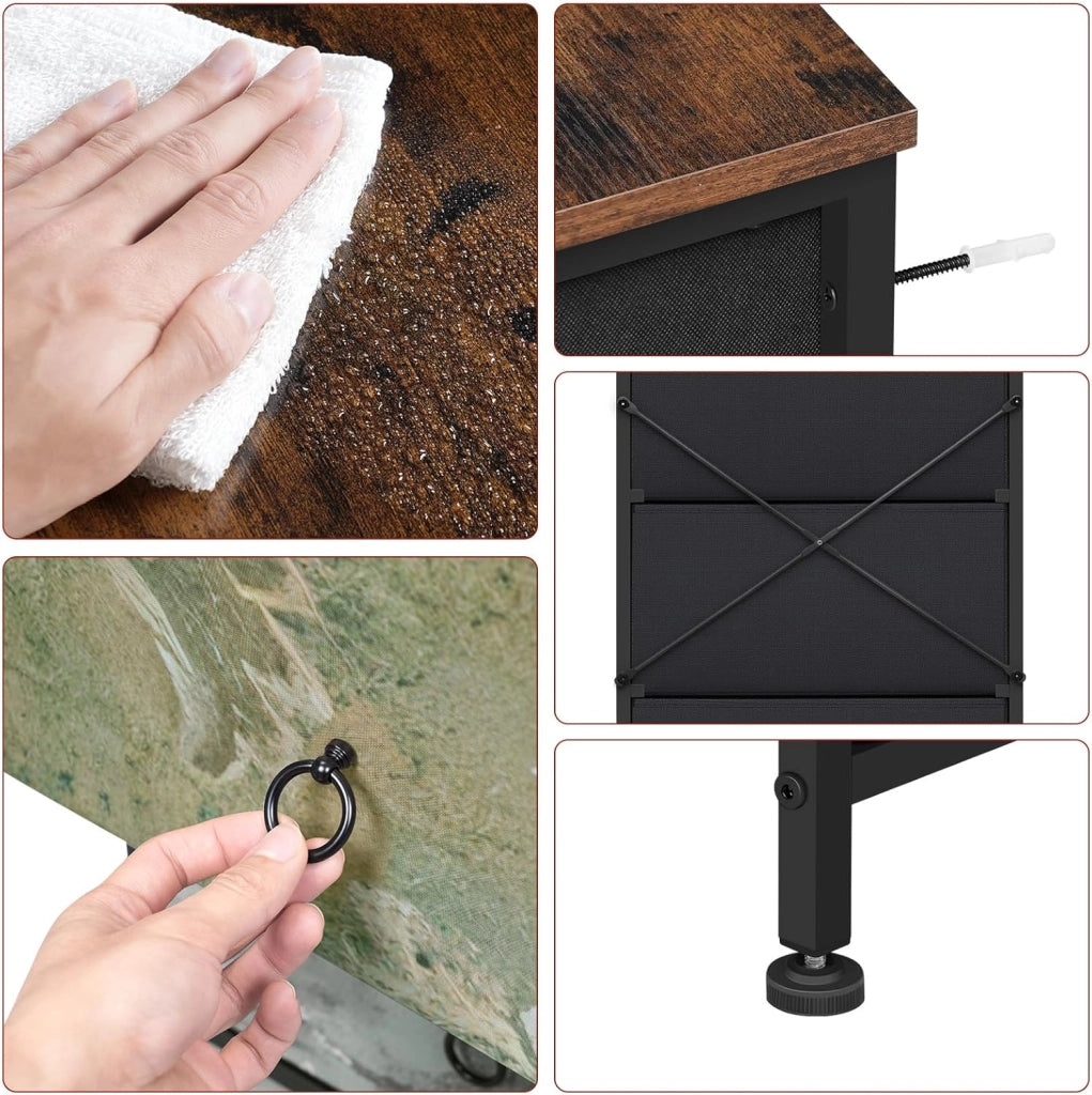 Cassettiera, 4 Cassetti per Camera da Letto/Corridoio/Soggiorno, Marrone Rustico e Nero con Motivo Fiore Retrò, Struttura in Metallo, 45x30x95cm, SSK011pw