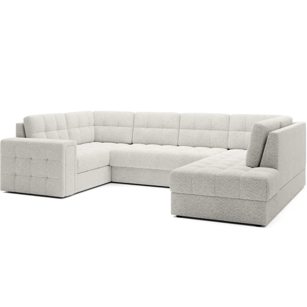 Divano ad angolo convertibile MONTEZA bianco bouclé 299 cm con vano contenitore e letto