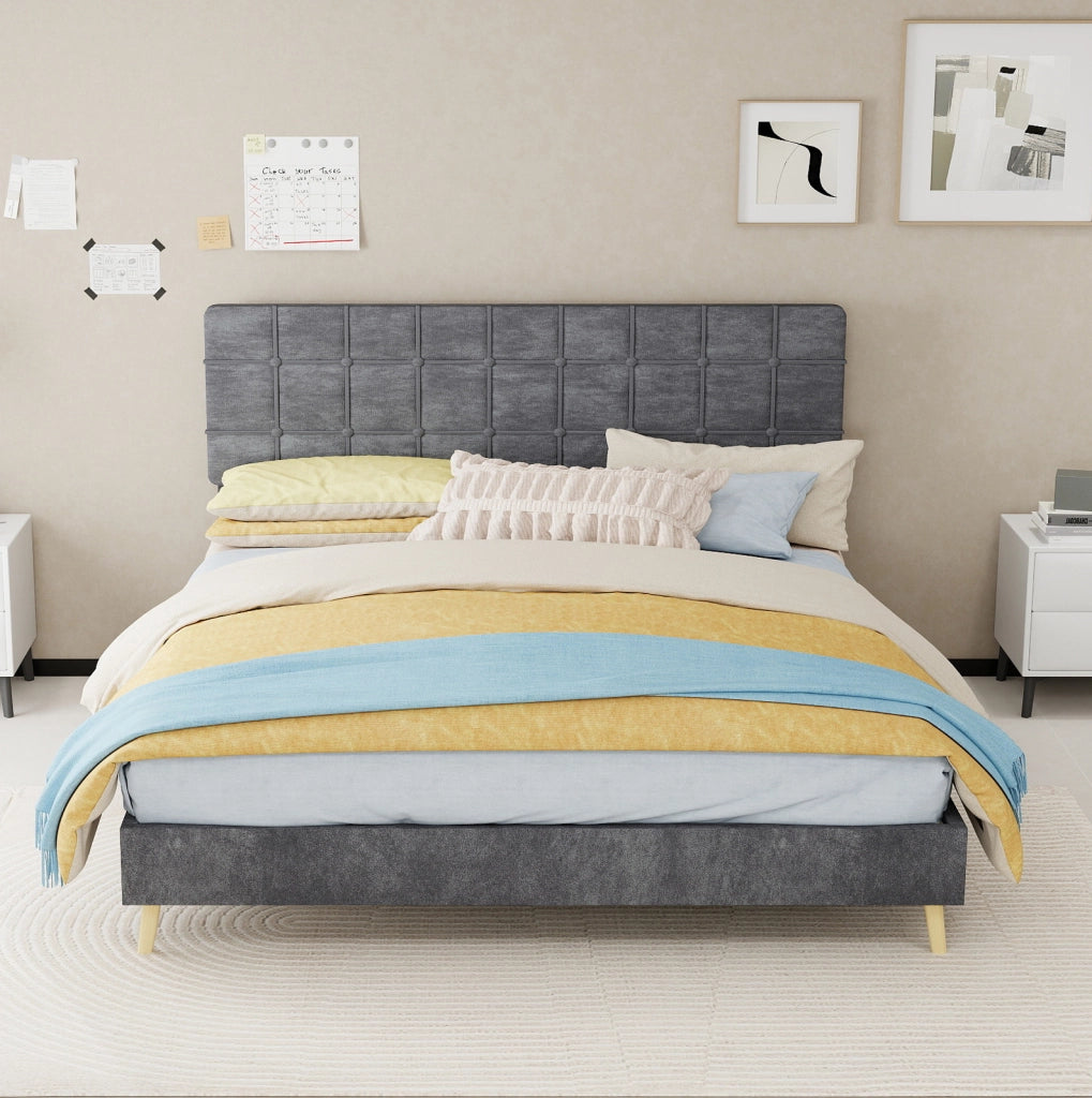 Letto 160 x 200 cm in tessuto grigio con testiera imbottita a quadri