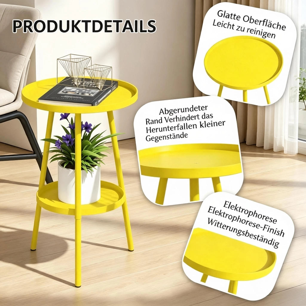 Tavolo da giardino bistrot in metallo a 2 ripiani con bordo curvo, per interno e esterno, giallo, Ø 32 × 51 cm