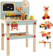 Set di Attrezzi per Bambini, Banco da Lavoro in Legno con Set di Attrezzi e Orologio Incantevole, Tavolo Realistico per Bambini e Bambine dai 3 Anni in Su