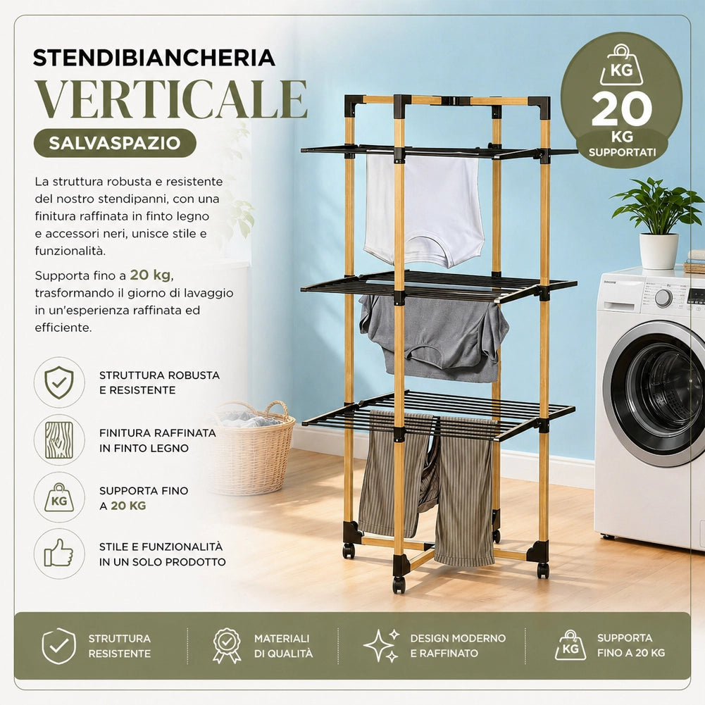 Stendibiancheria a Torre Verticale Pieghevole a 3 Livelli 69x136x69cm con Ruote