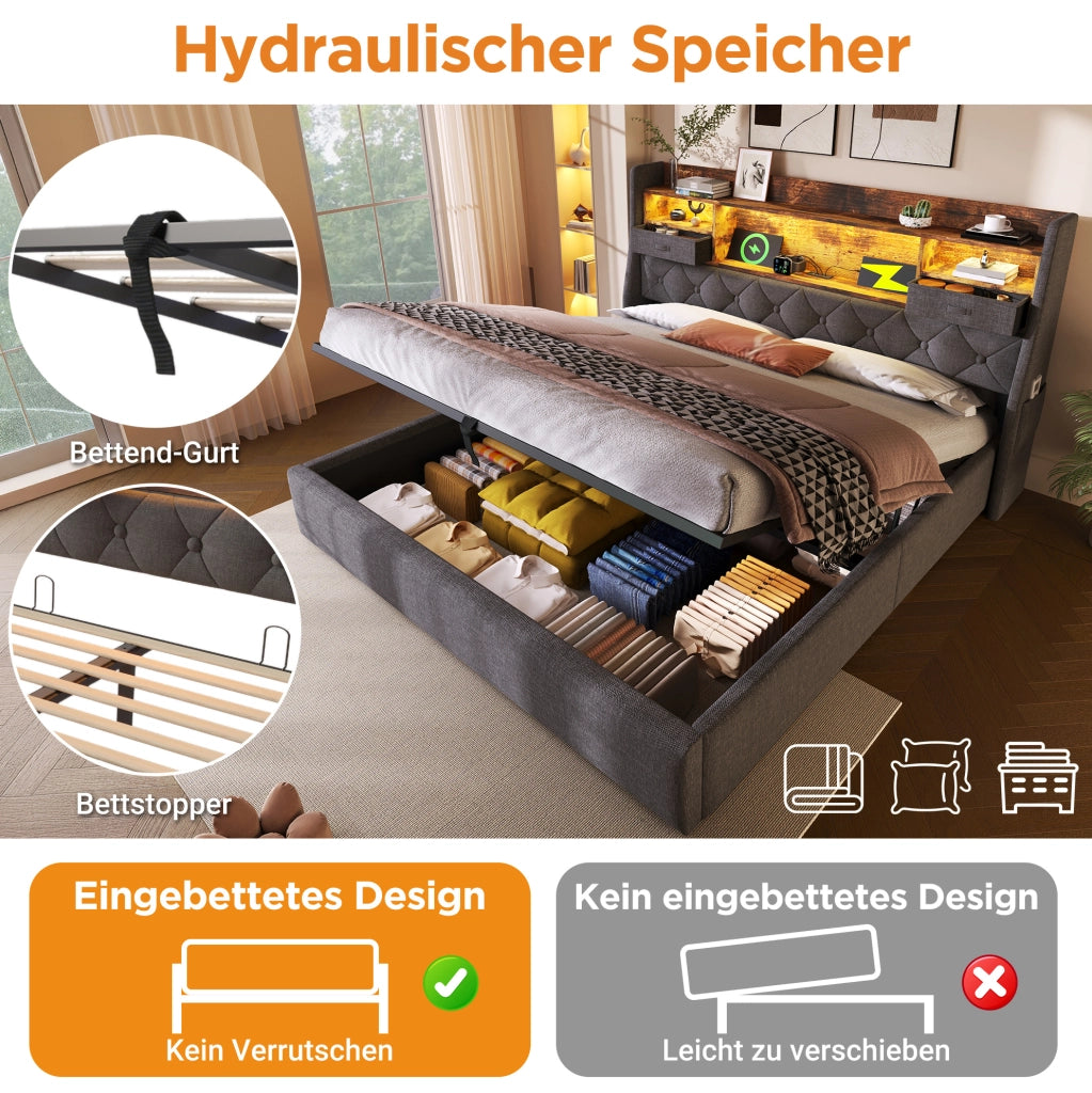 Letto imbottito con contenitore e testiera LED